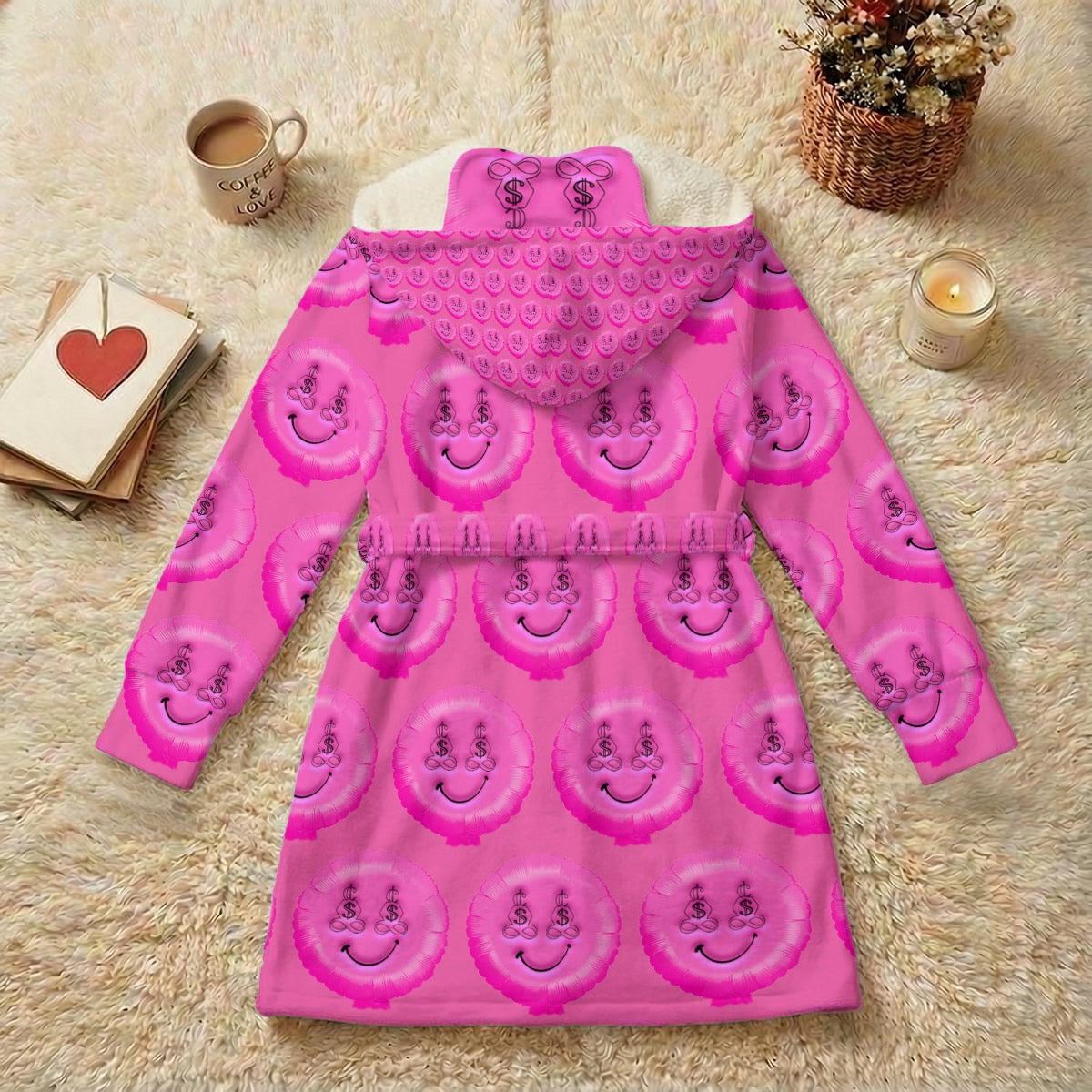 Pink Super Smiley Unisex Double-Layer Plush Hooded Robe with Eye Mask