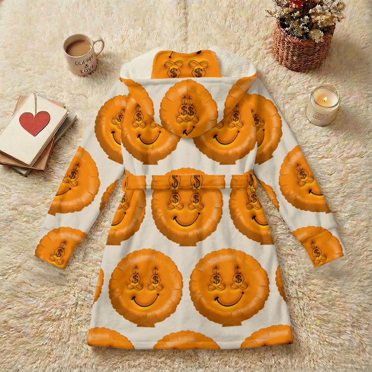 Orange Super Smiley Unisex Double-Layer Plush Hooded Robe with Eye Mask