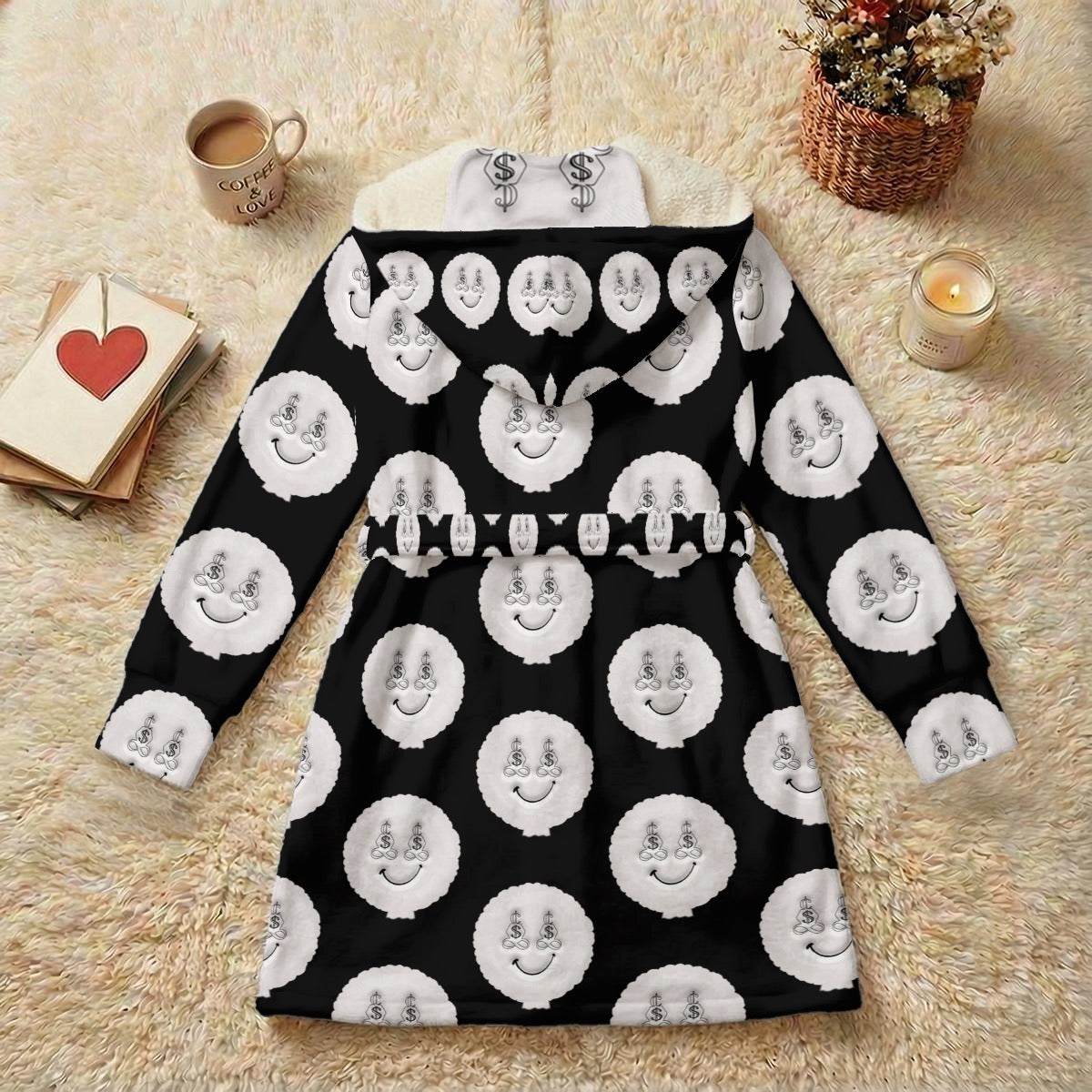 White Super Smiley Unisex Double-Layer Plush Hooded Robe with Eye Mask